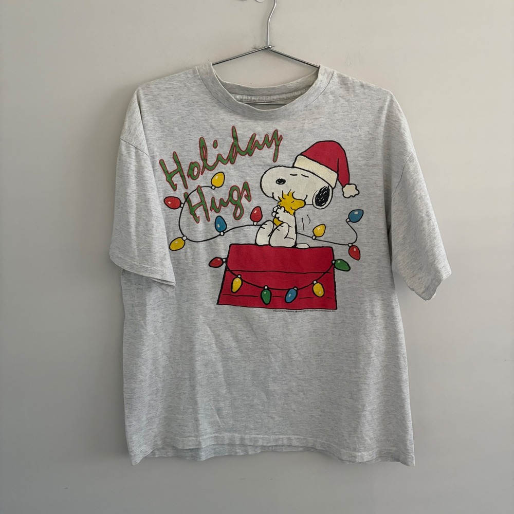 Vintage Peanuts Snoopy Holiday Hugs Christmas T-Shirt Grey Heather Large